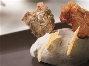 Parmesan and truffle gelato with crunchy speck, parmesan waffles and wholemeal bread