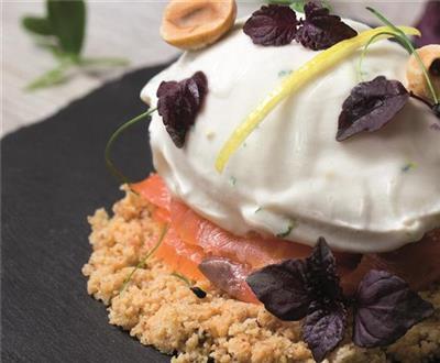Smoked salmon, goat's cheese and chive gelato with salted hazelnut crumble